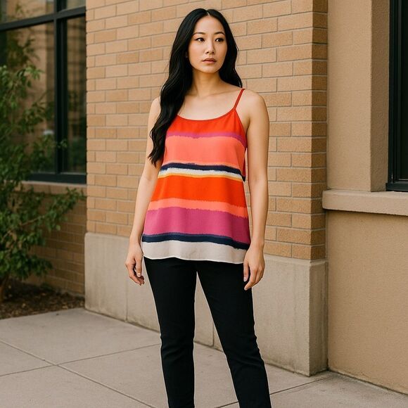 Valette Stripe Tye Dye Split Back Spaghetti Strap Top Tank - Picture 13 of 13